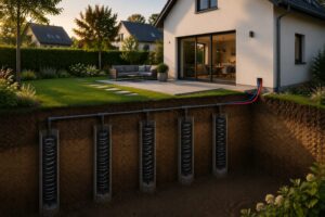 SpiraKol® Erdkollektor als Schlitzgrabeninstallation im privaten Wohnbereich.