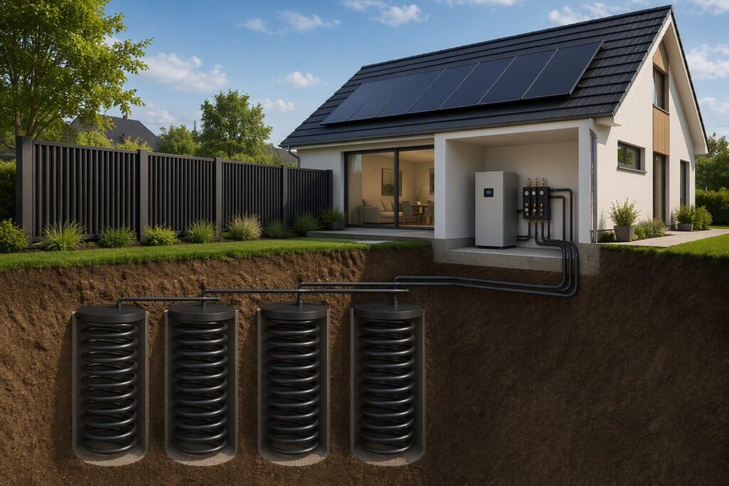 AluKol® Komplettsystem mit Wärmepumpe und Eisspeicher an einem Einfamilienhaus.