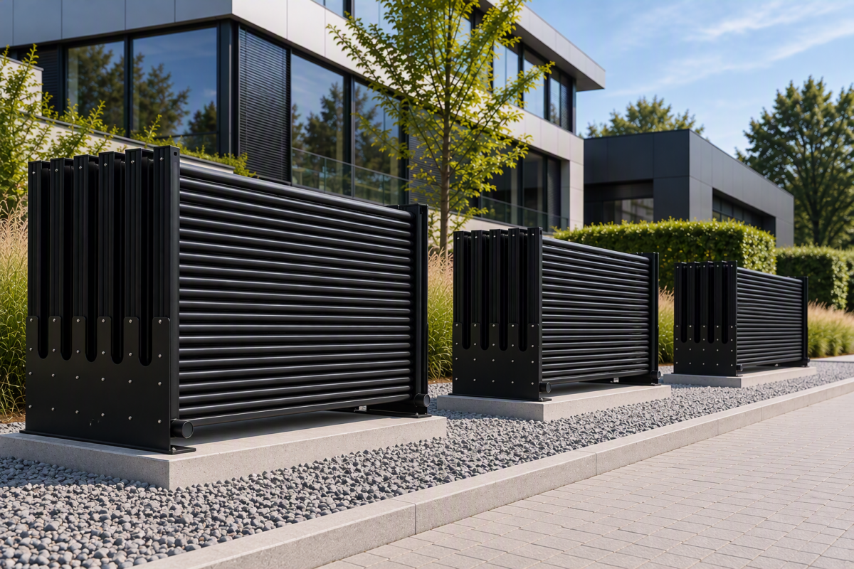 AluKol® Energieblock & Energiezaun an einem modernen Gewerbeobjekt