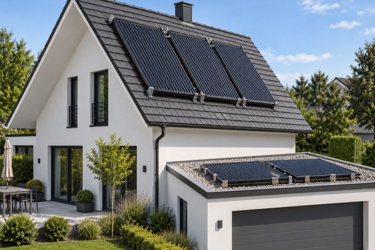 AluKol® Schrägdach und AluKol® Flachdach an einem Einfamilienhaus mit Photovoltaikanlage.