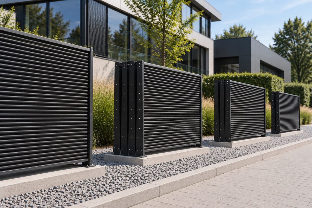 AluKol® Energieblock und Energiezaun an einem modernen Gewerbeobjekt.